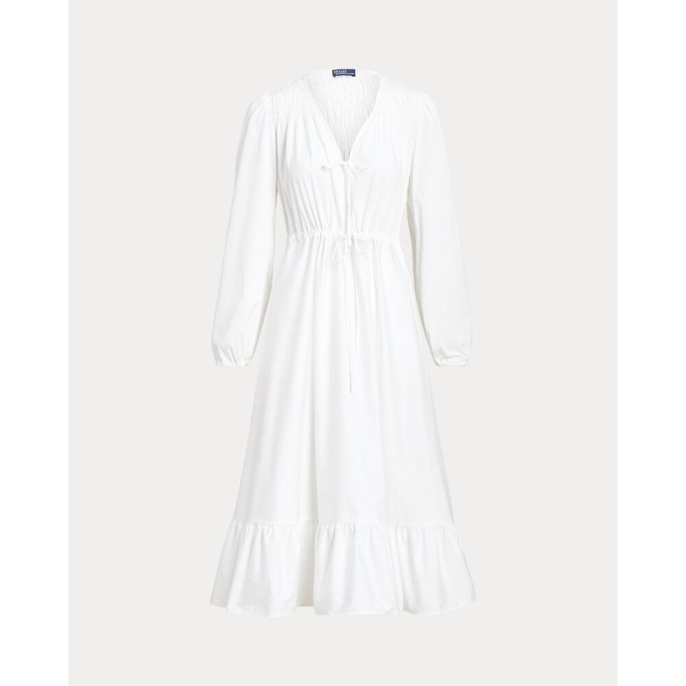 NWT Polo Ralph Lauren Cotton V-Neck Midi in White Tied Puff Sleeve Dress 4